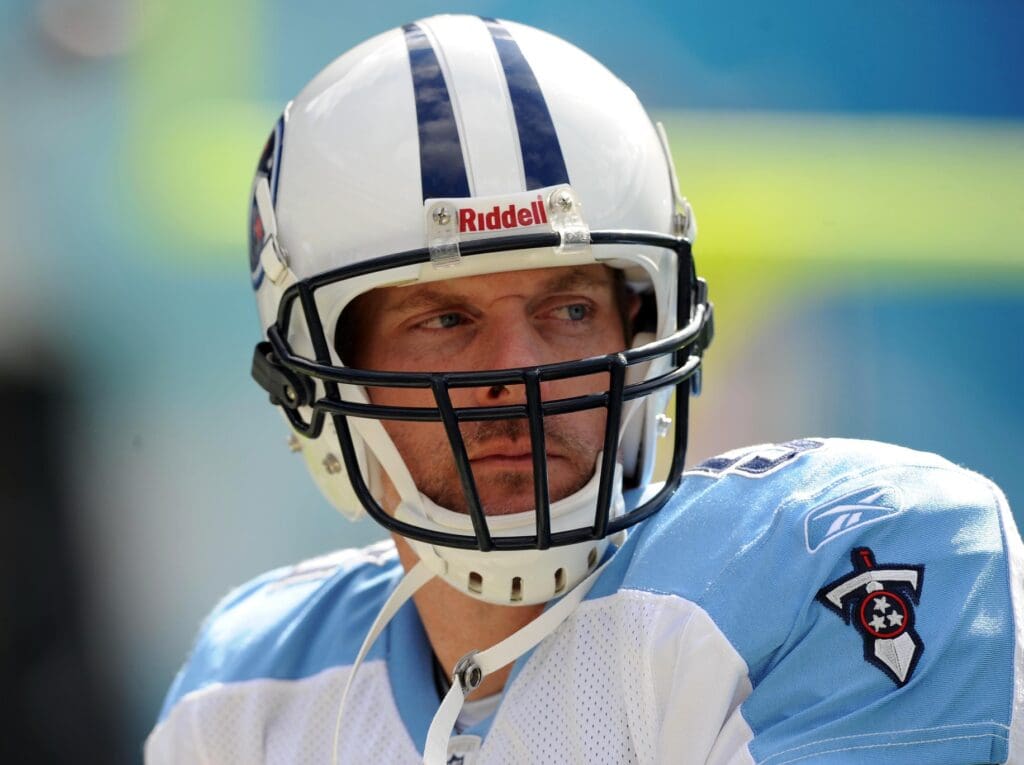 October 24, 2010; San Diego, CA, USA; Tennessee Titans quarterback Kerry Collins (5) prior to the game against the San Diego Chargers at Qualcomm Stadium.