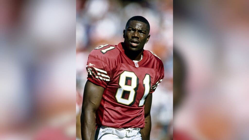 Nov 2, 1997; San Francisco, CA, USA: FILE PHOTO; San Francisco 49ers receiver Terrell Owens (81) on the sideline against the Dallas Cowboys at Candlestick Park. The 49ers defeated the Cowboys 17-10.