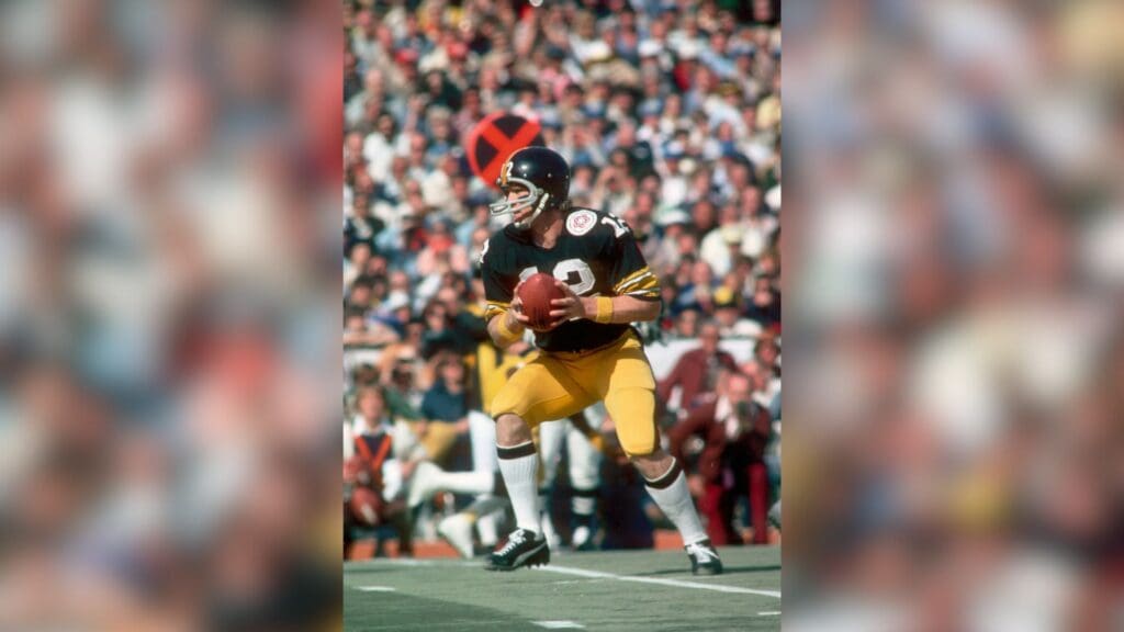 Jan 18, 1976; Miami, FL, USA; FILE PHOTO; Pittsburgh Steelers quarterback Terry Bradshaw (12) in action during Super Bowl X against the Dallas Cowboys at the Orange Bowl. The Steelers defeated the Cowboys 21-17 to win consecutive Super Bowl Championships.