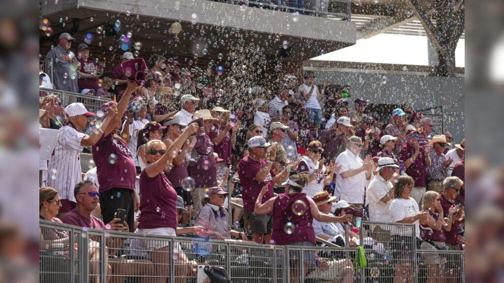 Texas A&M fans use bubble machines to celebrate a home run during the NCAA D1 Softball Tournament Regional against Saint Francis University at Davis Diamond at Texas A&M University on Friday, May 16, 2025 in College Station, Texas.