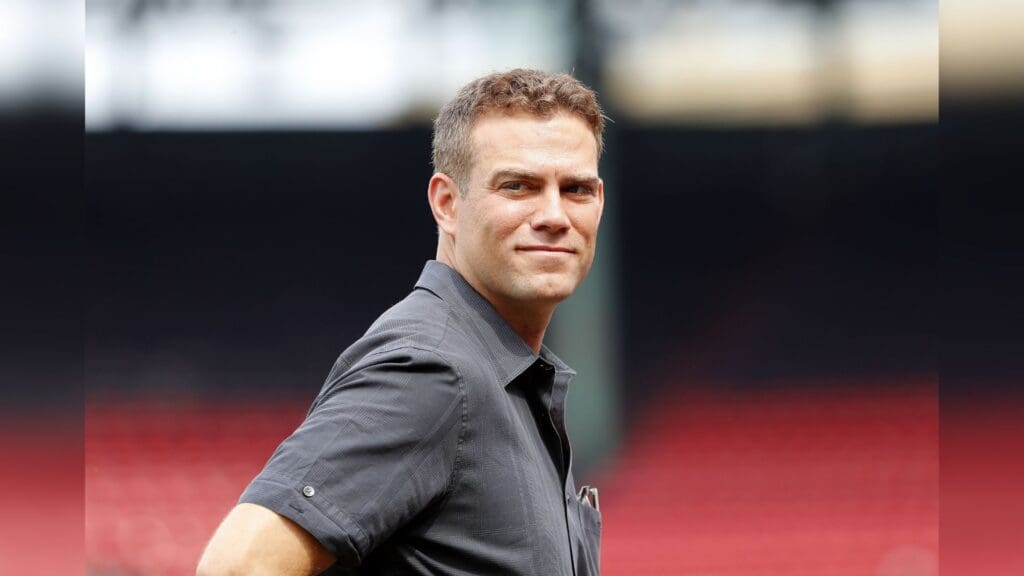 Apr 29, 2017; Boston, MA, USA; Chicago Cubs president of baseball operations Theo Epstein on the field before the game between the Boston Red Sox and the Chicago Cubs at Fenway Park.