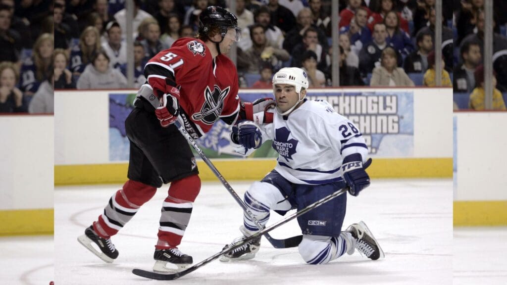 Nov 11, 2005; Buffalo, NY, USA; Toronto Maple Leafs right wing Tie Domi (28) on the ice against Buffalo Sabres defense Brian Campbell (51) at HSBC Arena.