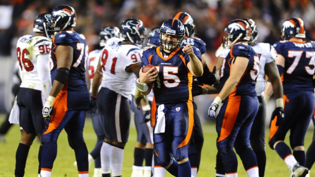 Dec 26, 2010; Denver, CO, USA; Denver Broncos quarterback Tim Tebow (15) reacts after time expires in the game against the Houston Texans at Invesco Field. The Broncos defeated the Texans 24-23