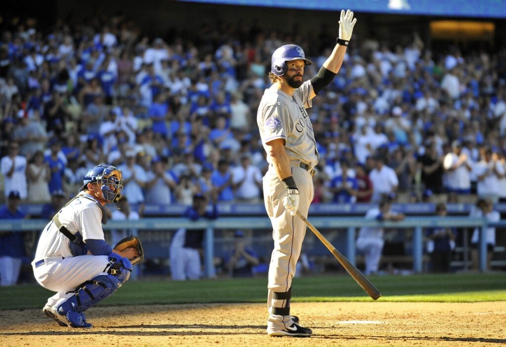 September 29, 2013; Los Angeles, CA, USA; Colorado Rockies first baseman Todd Helton (17) acknowledges the crowd before his final at bat of the game in the ninth inning against the Los Angeles Dodgers at Dodger Stadium.