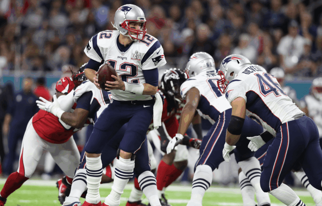Feb 5, 2017; Houston, TX, USA; New England quarterback Tom Brady (12) in action against the Atlanta Falcons during the first quarter of Super Bowl LI at NRG Stadium.