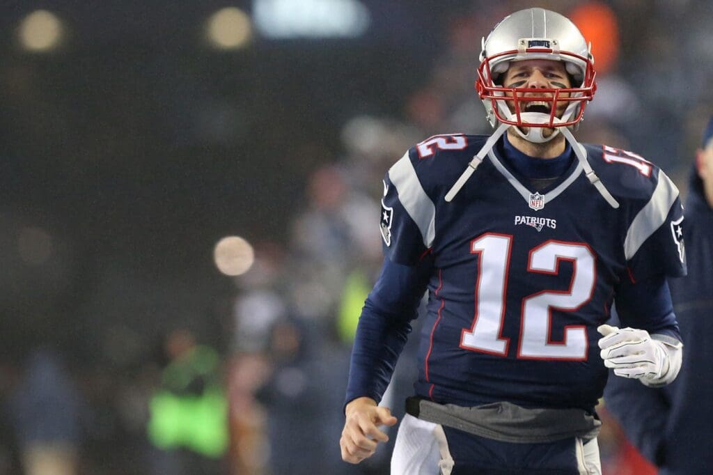 Jan 22, 2017; Foxborough, MA, USA; New England Patriots quarterback Tom Brady (12) runs onto the field prior to the Patriots' game against the Pittsburgh Steelers in the 2017 AFC Championship Game at Gillette Stadium.