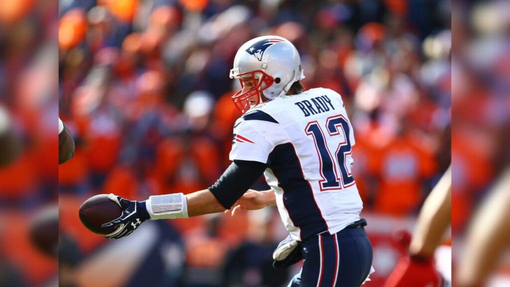 Jan 24, 2016; Denver, CO, USA; New England Patriots quarterback Tom Brady (12) against the Denver Broncos in the AFC Championship football game at Sports Authority Field at Mile High.
