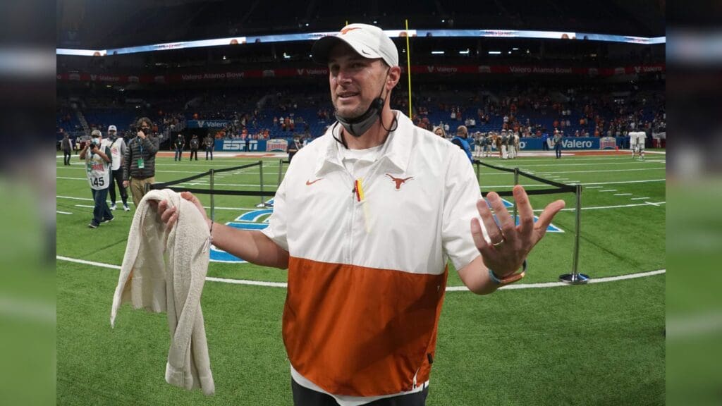 Dec 29, 2020; San Antonio, TX, USA; Texas Longhorns coach Tom Herman celebrates after defeating the Colorado Buffaloes in the Alamo Bowl at the Alamodome.