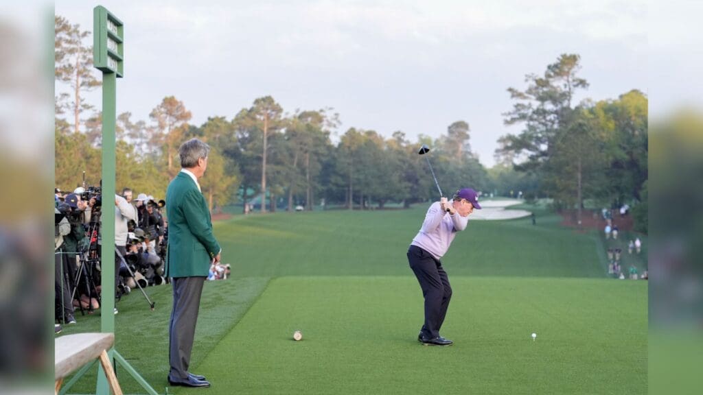 Apr 10, 2025; Augusta, Georgia, USA; Tom Watson tees off on no. 1 as an honorary starter during the first round of the Masters Tournament.