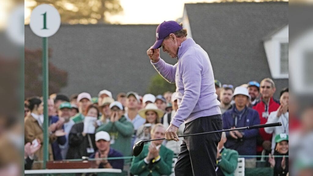 Apr 10, 2025; Augusta, Georgia, USA; Honorary Tom Watson walks off on the first tee during the first round of the Masters Tournament.