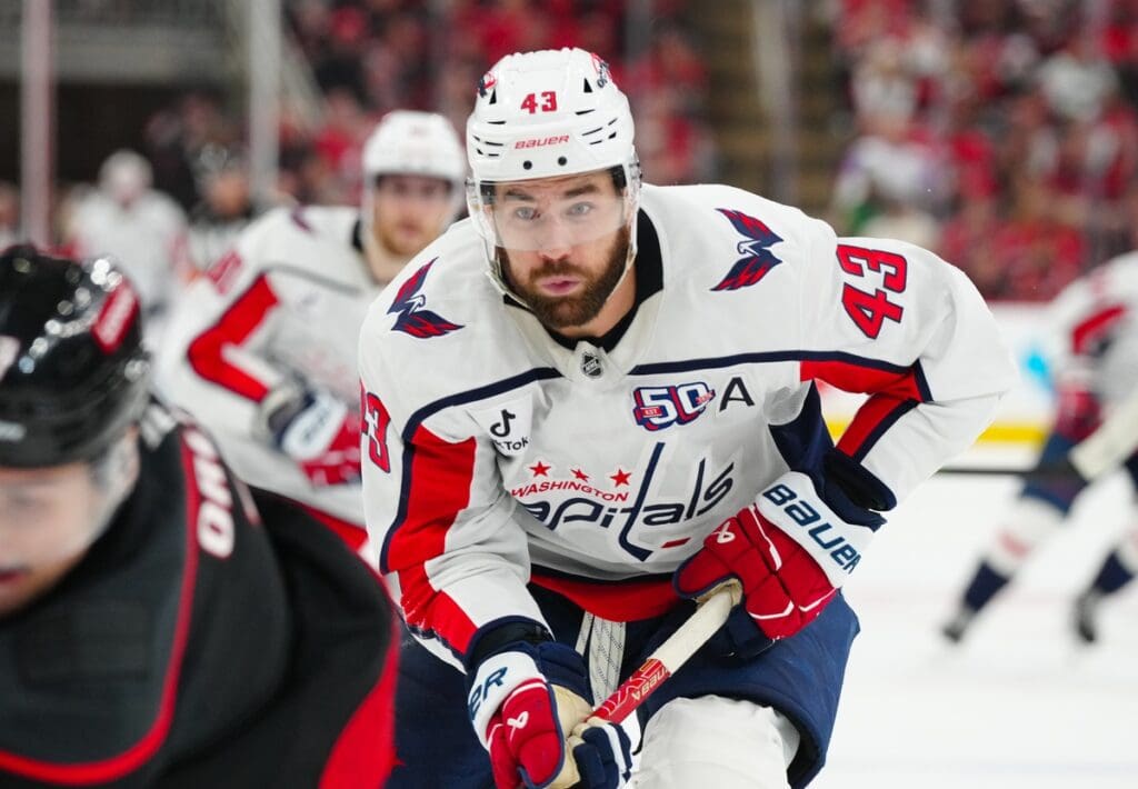 May 10, 2025; Raleigh, North Carolina, USA; Washington Capitals right wing Tom Wilson (43) skates against the Carolina Hurricanes during the second period in game three of the second round of the 2025 Stanley Cup Playoffs at Lenovo Center.