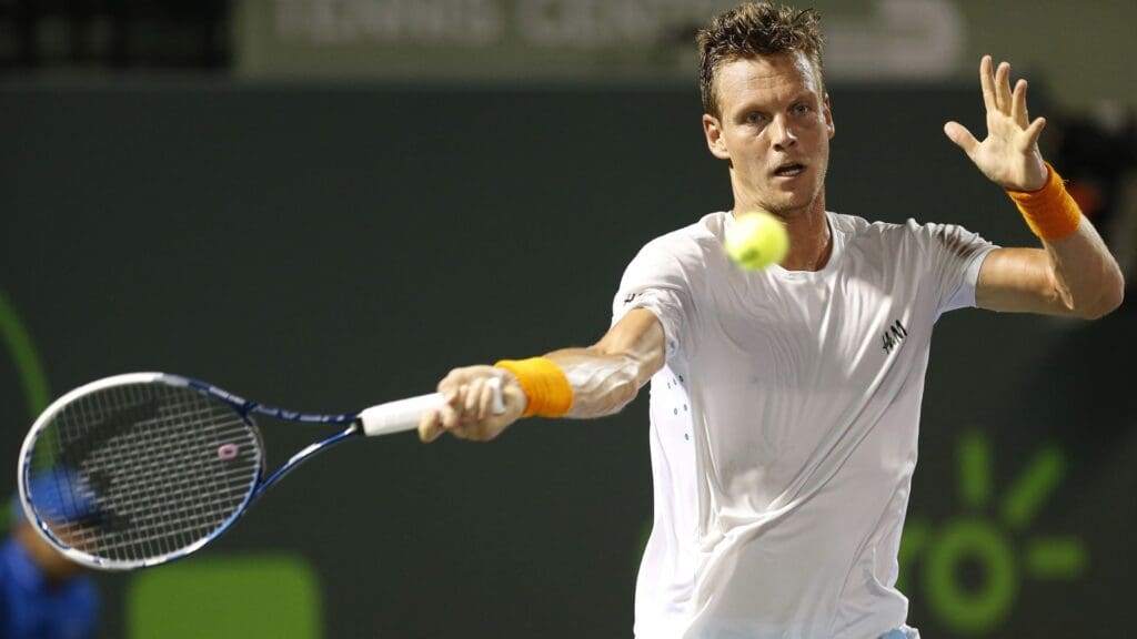 Apr 1, 2015; Key Biscayne, FL, USA; Tomas Berdych hits a forehand against Juan Monaco (not pictured) on day ten of the Miami Open at Crandon Park Tennis Center. Bedych won 6-3, 6-4.