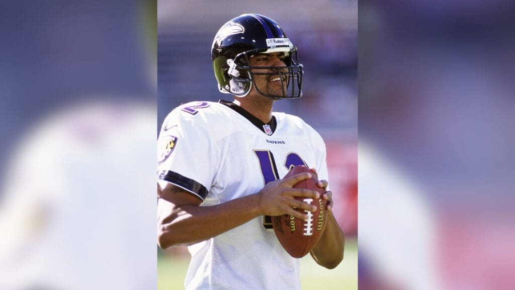 Dec 17, 2000; Tempe, AZ, USA; FILE PHOTO; Baltimore Ravens quarterback Tony Banks (12) warms up on the field prior to a game against the Arizona Cardinals at Sun Devil Stadium.