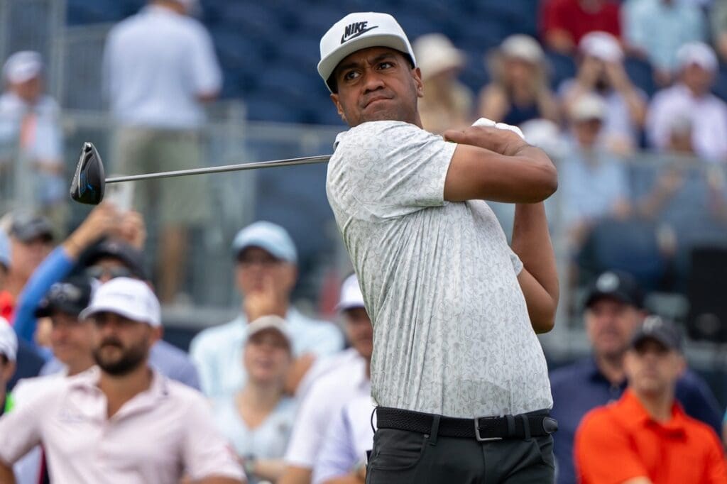 Tony Finau hits his driver off the No. 12 tee during the second round of the 125th U.S. Open at Oakmont Country Club in Oakmont, Pa. on June 13, 2025.