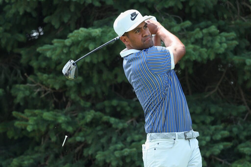 Jul 25, 2025; Blaine, Minnesota, USA; Tony Finau plays his shot from the second tee during the second round of the 3M Open golf tournament.