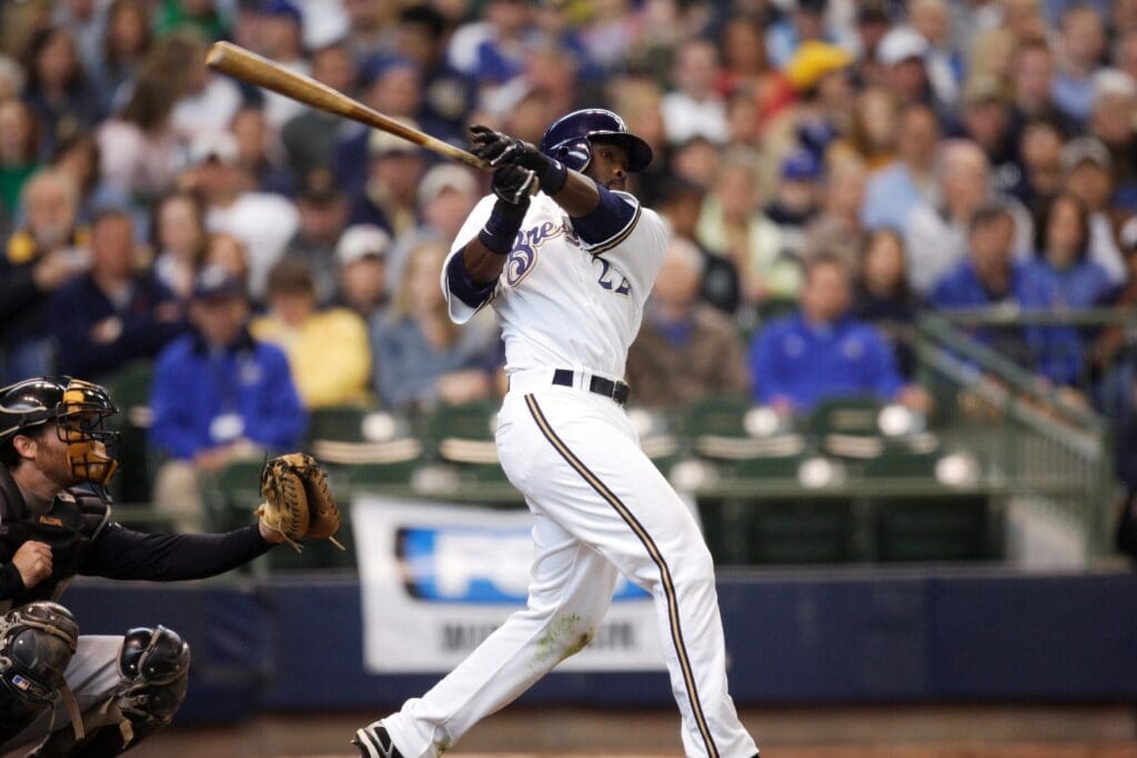 May 6, 2007; Milwaukee, WI, USA; Milwaukee Brewers center fielder Tony Gwynn (22) hits a triple to lead off the third inning against the Pittsburgh Pirates at Miller Park. The Brewers defeated the Pirates 6-4.