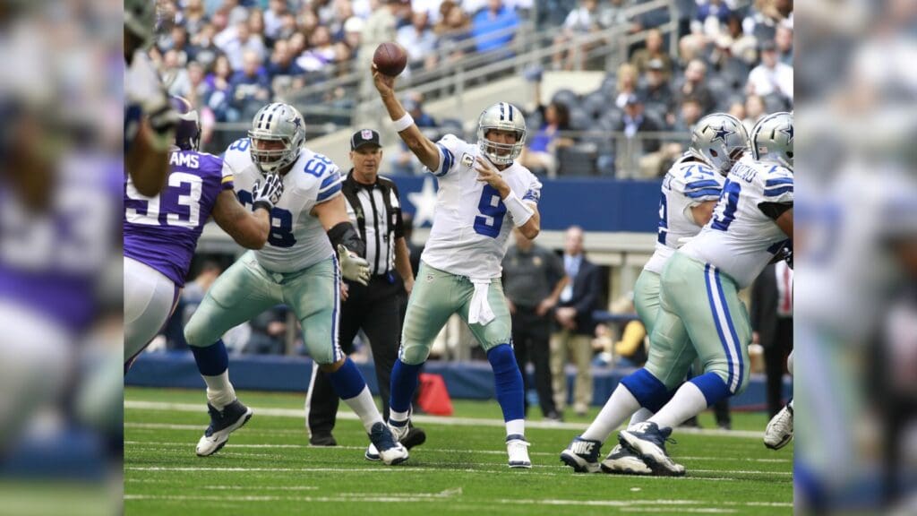 Nov 3, 2013; Arlington, TX, USA; Dallas Cowboys quarterback Tony Romo (9) throws a pass in the first quarter against the Minnesota Vikings at AT&T Stadium.