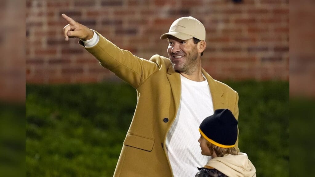 Nov 9, 2024; Columbia, Missouri, USA; Former Dallas Cowboys quarterback Tony Romo acknowledges the crowd prior to a game between the Missouri Tigers and the Oklahoma Sooners at Faurot Field at Memorial Stadium.