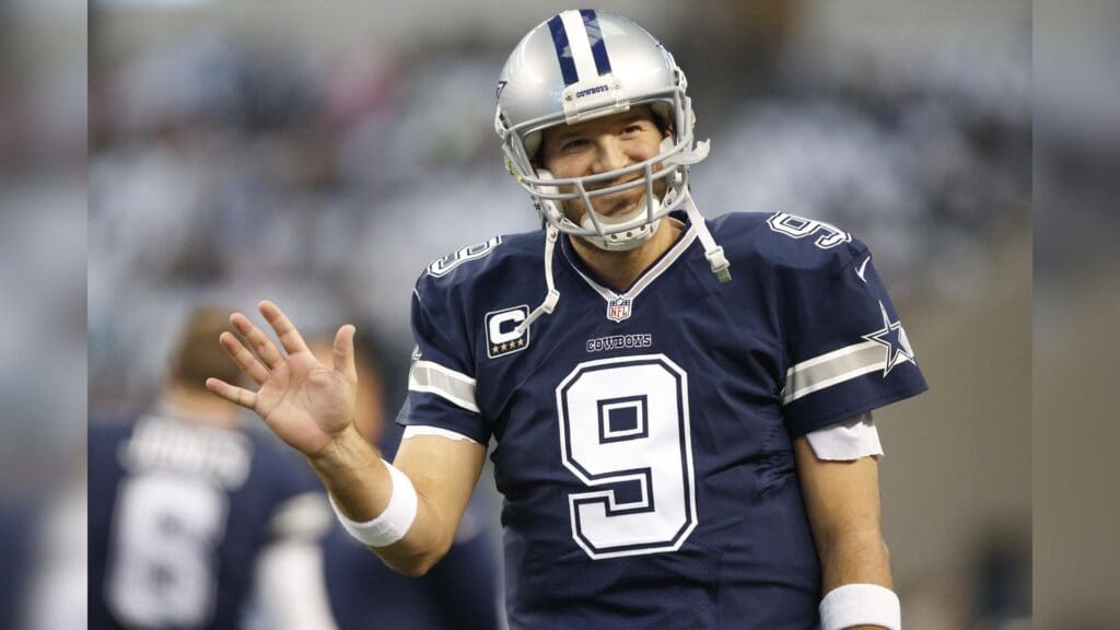 Nov 27, 2014; Arlington, TX, USA; Dallas Cowboys quarterback Tony Romo (9) waves to the fans before the game against the Philadelphia Eagles at AT&T Stadium.