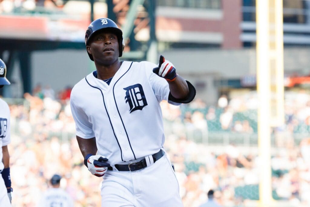 June 26, 2013; Detroit, MI, USA; Detroit Tigers right fielder Torii Hunter (48) celebrates his home run in the first inning against the Los Angeles Angels at Comerica Park