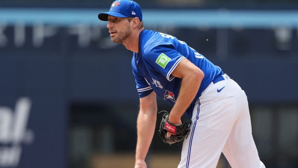 Jun 3, 2025; Toronto, Ontario, CAN; Toronto Blue Jays pitcher Max Scherzer (31) throws a pitch during a live session of batting practice before a game against the Philadelphia Phillies at Rogers Centre.