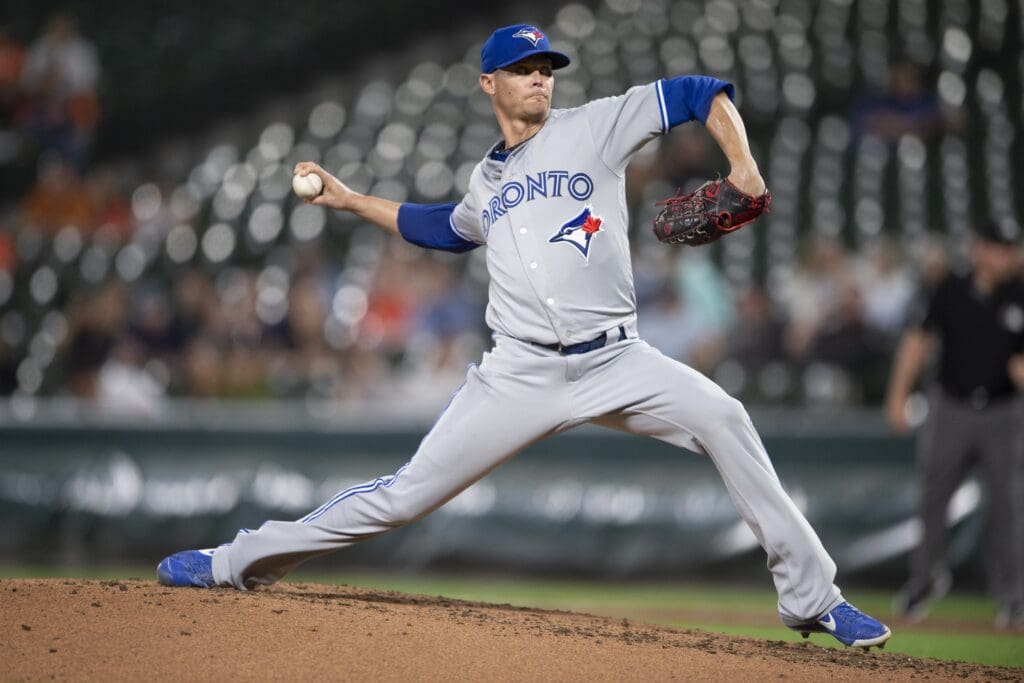 Sep 18, 2019; Baltimore, MD, USA; Toronto Blue Jays starting pitcher Clay Buchholz (36) delivers a pitch in the second inning against the Baltimore Orioles at Oriole Park at Camden Yards.