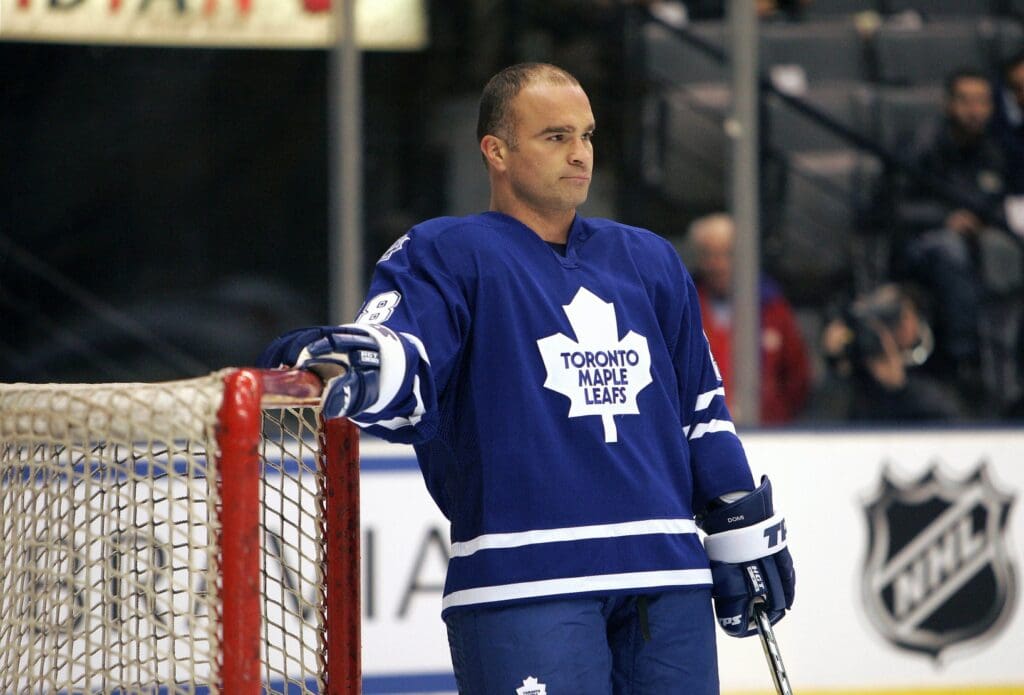 Feb 28, 2006; Toronto, ON, CANADA; Toronto Maple Leafs right wing (28) Tie Domi in pre-game warmups before playi