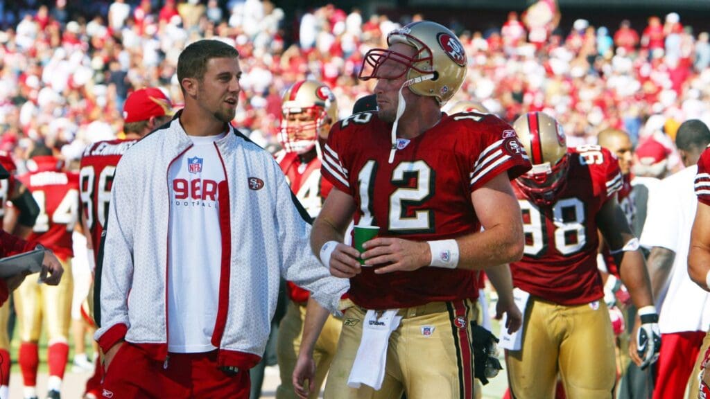Oct 7, 2007; San Francisco, CA, USA; San Francisco 49ers quarterback Alex Smith (left) talks to quarterback Trent Dilfer (12) during the 3rd quarter against the Baltimore Ravens at Monster Park in San Francisco, CA. The Ravens defeated the 49ers 9-7.