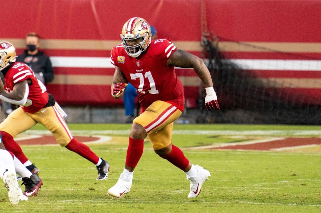October 4, 2020; Santa Clara, California, USA; San Francisco 49ers offensive tackle Trent Williams (71) during the second quarter against the Philadelphia Eagles at Levi's Stadium.