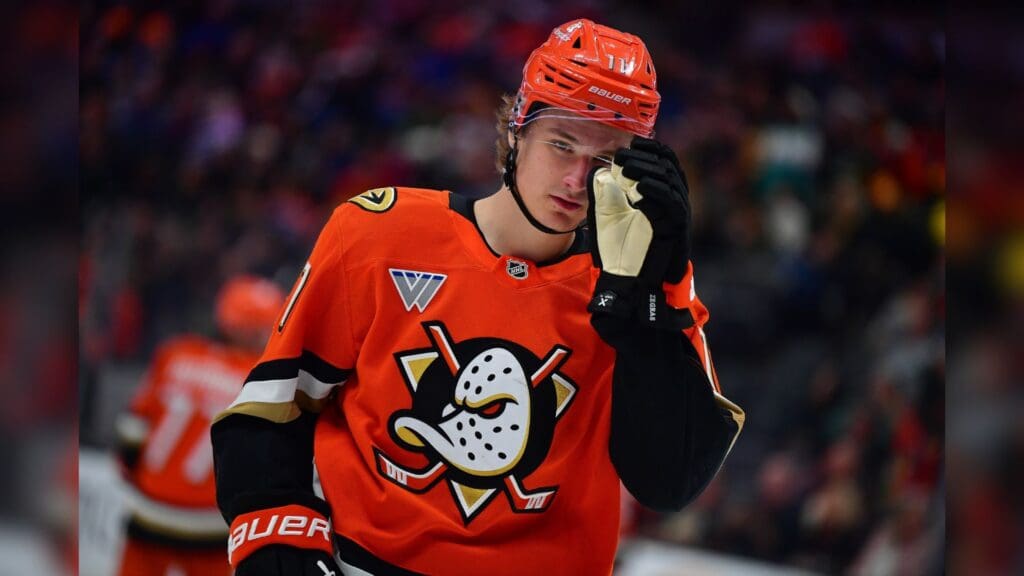 Apr 7, 2025; Anaheim, California, USA; Anaheim Ducks center Trevor Zegras (11) during the second period at Honda Center.