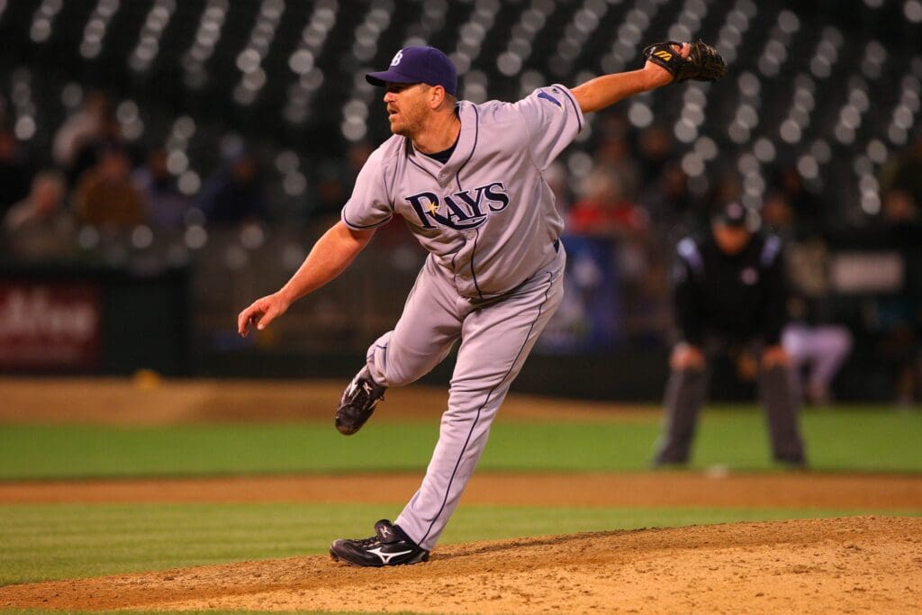 May 20, 2008; Oakland, CA, USA; Tampa Bay Rays pitcher Troy Percival (40) pitches against the Oakland Athletics during the ninth inning at McAfee Coliseum in Oakland, CA. The Rays defeated the Athletics 3-2