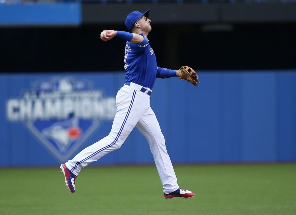 Jul 9, 2016; Toronto, Ontario, CAN; Toronto Blue Jays shortstop Troy Tulowitzki (2) throws out Detroit Tigers first baseman Miguel Cabrera (not pictured) in the fifth inning at Rogers Centre. Detroit defeated Toronto 3-2.