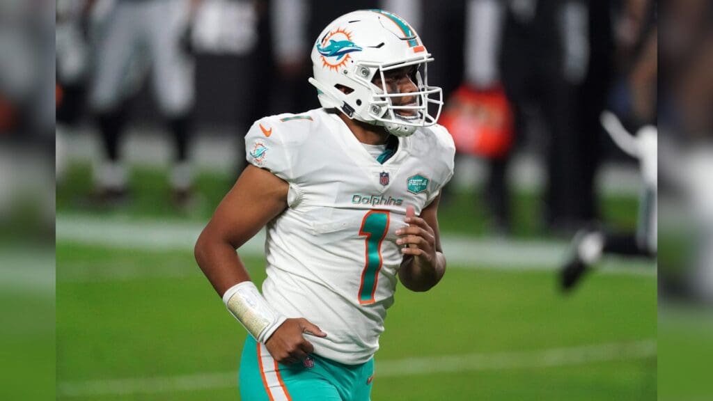 Dec 26, 2020; Paradise, Nevada, USA; Miami Dolphins quarterback Tua Tagovailoa (1) leaves the field in the second half against the Las Vegas Raiders at Allegiant Stadium. The Dolphins defeated the Raiders 26-25.