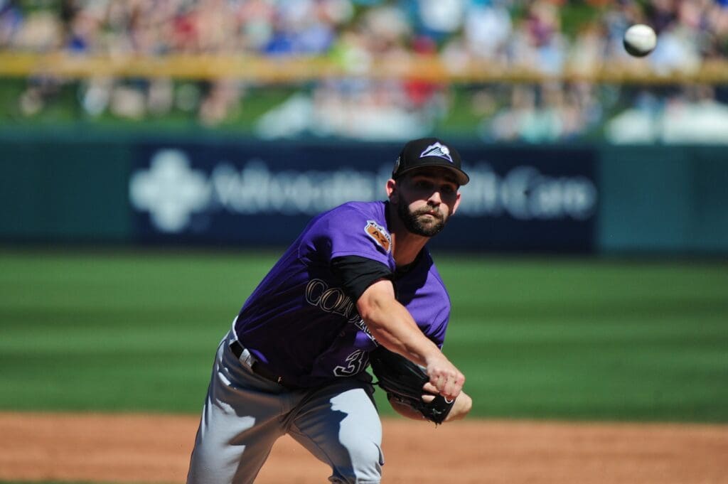Mar 11, 2017; Mesa, AZ, USA; Colorado Rockies starting pitcher Tyler Chatwood (32) throws in the first inning against the Chicago Cubs during a spring training game at Sloan Park