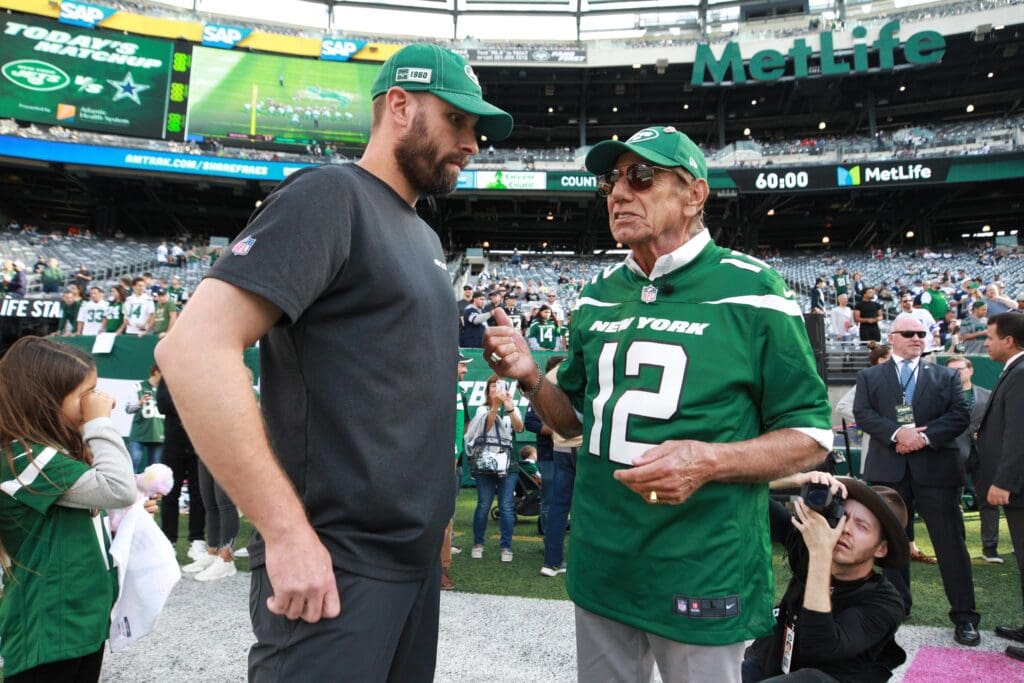 Oct 13, 2019; East Rutherford, NJ, USA; New York Jets head coach Adam Gase (left) talks to Jets former quarterback Joe Namath (right before a game against the Dallas Cowboys at MetLife Stadium. Mandatory Credit: Brad Penner-USA TODAY Sports