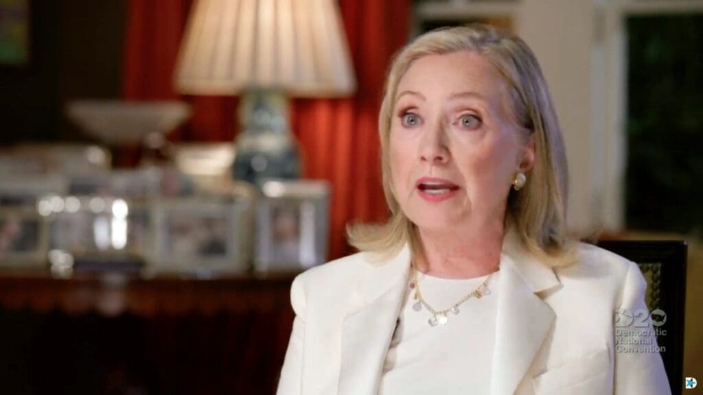 August 19, 2020; Milwaukee, WI, USA; (Editors Note: Screen grab from Democratic National Convention video stream) Hillary Clinton, 2016 Democratic Nominee for President, former U.S. Secretary of State and former U.S. Senator from New York, speaks to viewers during the Democratic National Convention at the Wisconsin Center. Mandatory Credit: Democratic National Convention via USA TODAY NETWORK