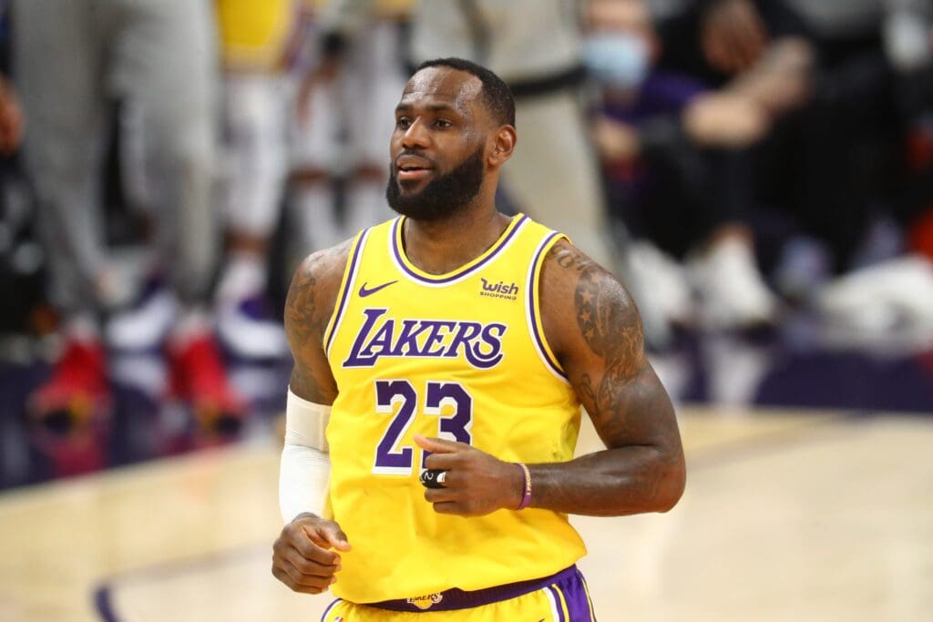 Dec 18, 2020; Phoenix, Arizona, USA; Los Angeles Lakers forward LeBron James (23) against the Phoenix Suns during a preseason game at Phoenix Suns Arena. Mandatory Credit: Mark J. Rebilas-USA TODAY Sports