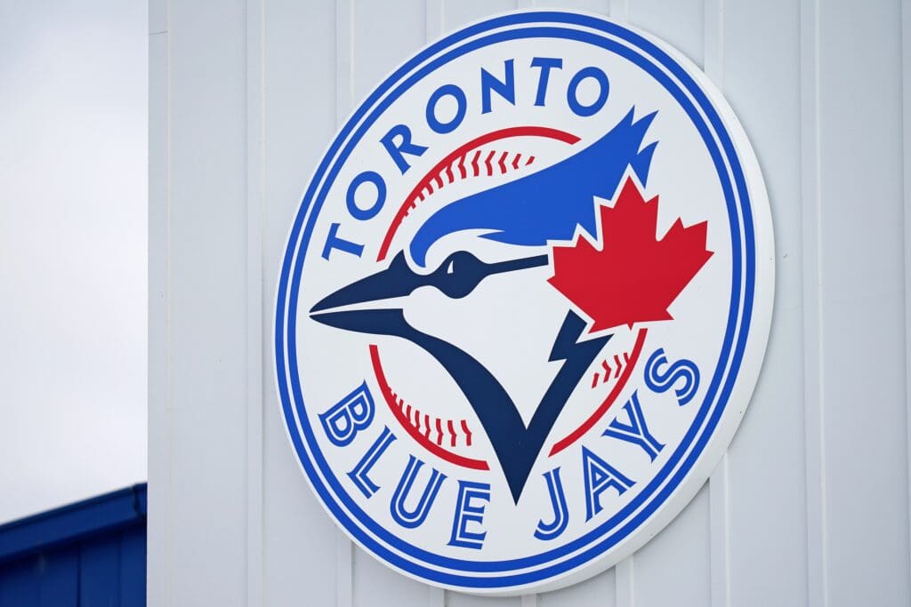 Mar 6, 2021; Dunedin, Florida, USA; A detailed view of the Toronto Blue Jays logo on a building at TD Ballpark during the spring training game between the Toronto Blue Jays and the Philadelphia Phillies. Mandatory Credit: Jasen Vinlove-USA TODAY Sports