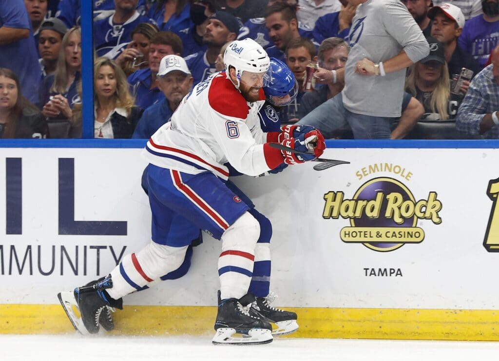 Jul 7, 2021; Tampa, Florida, USA; Montreal Canadiens defenseman Shea Weber (6) checks Tampa Bay Lightning center Anthony Cirelli (71) during the second period in game five of the 2021 Stanley Cup Final at Amalie Arena. Mandatory Credit: Kim Klement-USA TODAY Sports