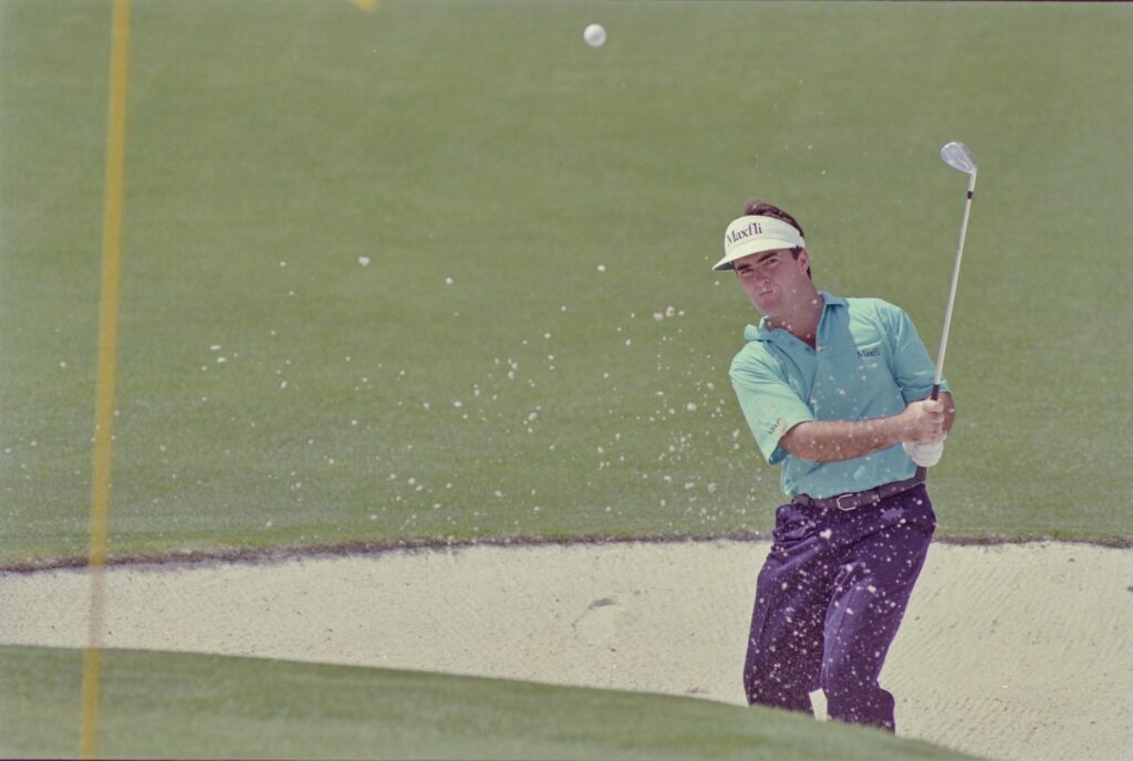 04/12/1992; Augusta, Georgia, USA; Craig Parry chips the ball out of a bunker at the Augusta National Golf Course during the 1992 Masters. Mandatory Credit: Blake Madden -The Augusta Chronicle via USA TODAY NETWORK