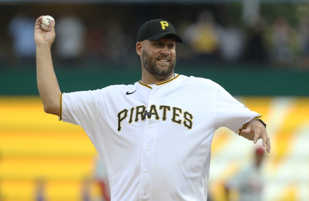 Jul 29, 2022; Pittsburgh, Pennsylvania, USA; Pittsburgh Steelers former quarterback Ben Roethlisberger throws a ceremonial first pitch prior to the Pittsburgh Pirates hosting the Philadelphia Phillies at PNC Park. Mandatory Credit: Charles LeClaire-USA TODAY Sports