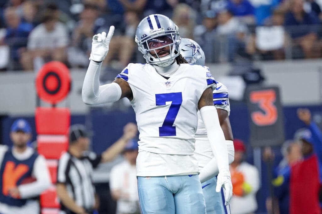 Oct 23, 2022; Arlington, Texas, USA; Dallas Cowboys cornerback Trevon Diggs (7) reacts during the first quarter against the Detroit Lions at AT&T Stadium. Mandatory Credit: Kevin Jairaj-USA TODAY Sports