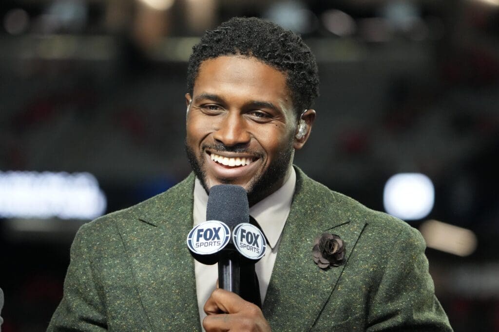 Dec 2, 2022; Las Vegas, NV, USA; Former Southern California Trojans tailback Reggie Bush on the Fox Sports television set at the Pac-12 Championship game at Allegiant Stadium. Mandatory Credit: Kirby Lee-USA TODAY Sports