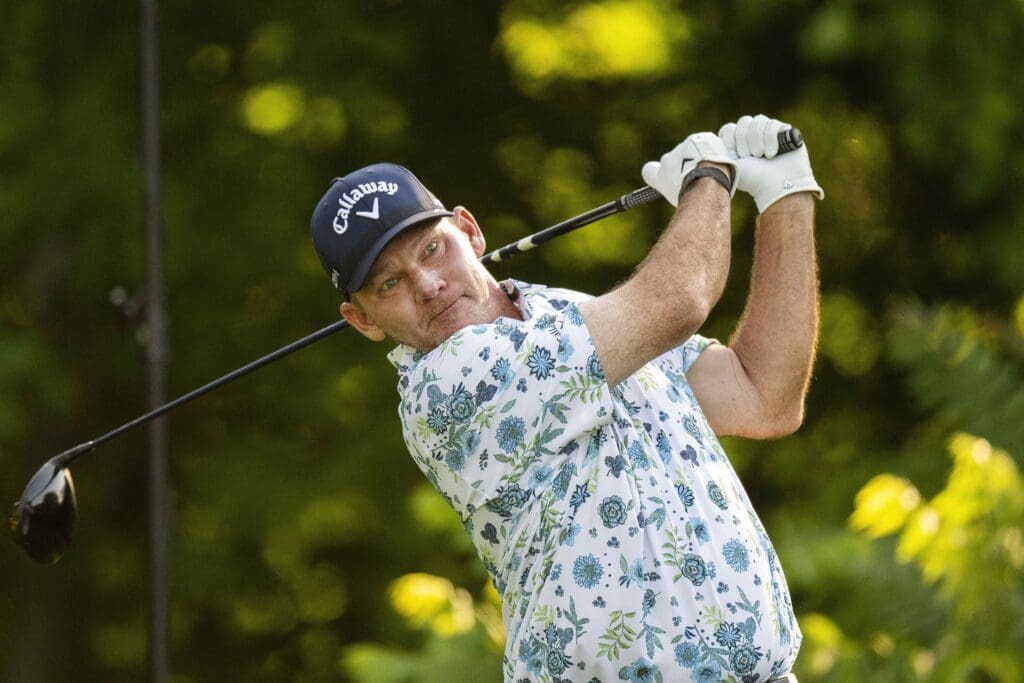Jul 6, 2023; Silvis, Illinois, USA; Tommy Gainey tees off on the second hole during the first round of the John Deere Classic golf tournament. Mandatory Credit: Marc Lebryk-USA TODAY Sports