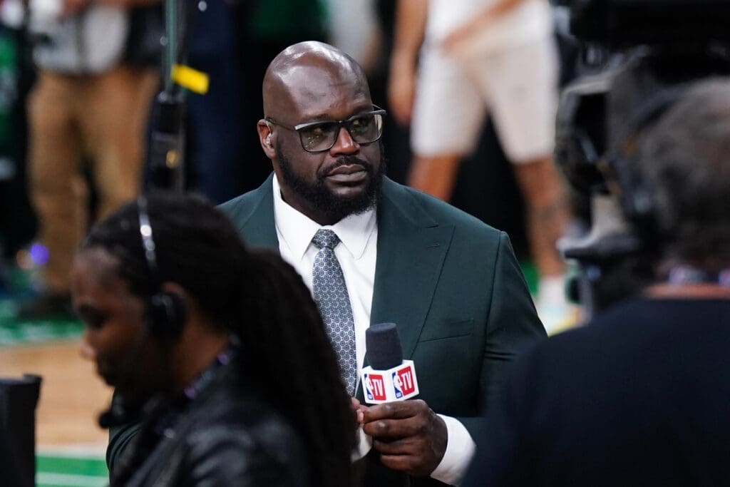 Jun 6, 2024; Boston, Massachusetts, USA; Shaquille O'Neal looks on before the game between the Boston Celtics and the Dallas Mavericks in game one of the 2024 NBA Finals at TD Garden. Mandatory Credit: David Butler II-USA TODAY Sports