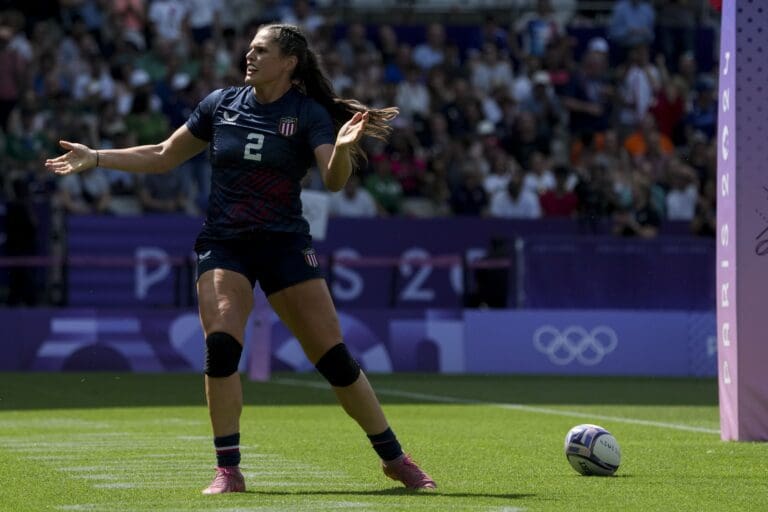 Jul 29, 2024; Paris Saint-Denis, France; United States forward Ilona Maher (2) during the Paris 2024 Olympic Summer Games at Stade de France. Mandatory Credit: Kirby Lee-USA TODAY Sports
