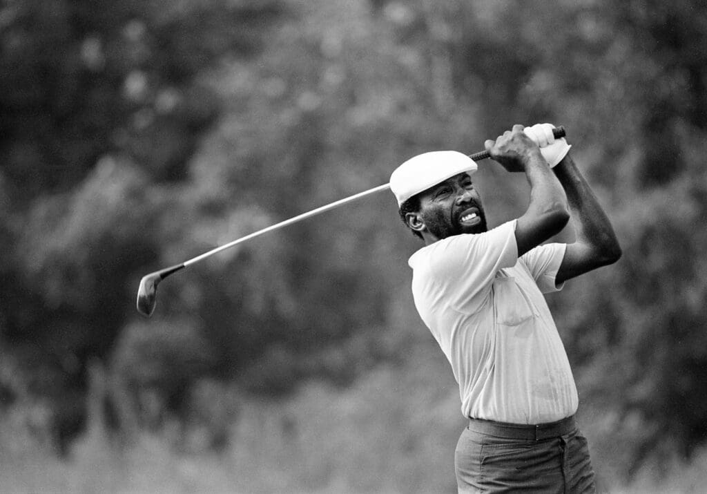 Sept. 10, 1987; Nashville, TN, USA; Golfing pro Calvin Peete keeps an eye on his drive during the Ted Rhodes Championship Tournament at Harpeth Hills. Peete shot a two-under par 70, five strokes behind leader Jeff Cook of Indianapolis, IN; Mandatory credit: Rick Musacchio-USA TODAY NETWORK via Imagn Images