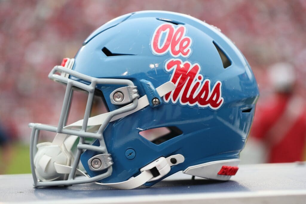 Nov 2, 2024; Fayetteville, Arkansas, USA; Ole Miss Rebels helmet during the game against the Arkansas Razorbacks at Donald W. Reynolds Razorback Stadium. Mississippi won 63-31. Mandatory Credit: Nelson Chenault-Imagn Images