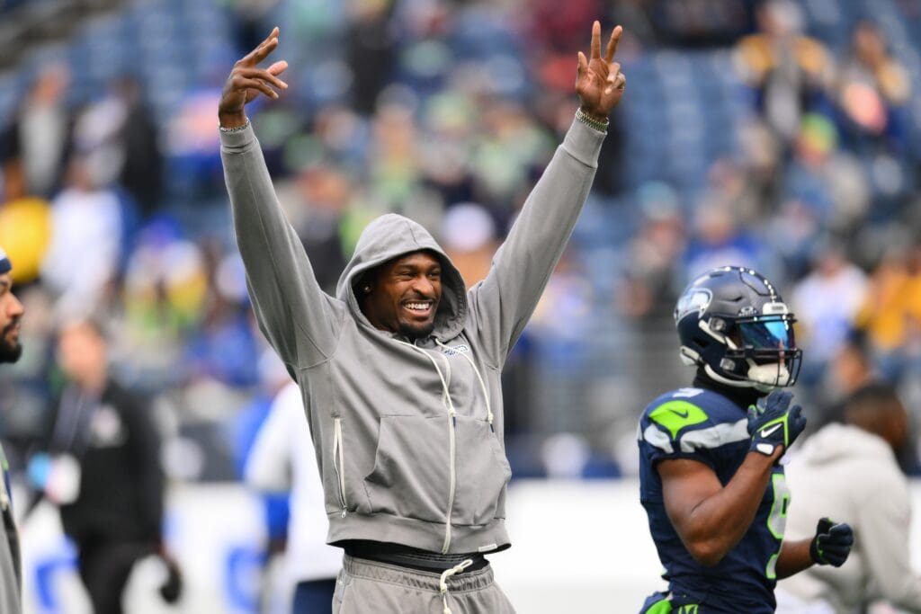 Nov 3, 2024; Seattle, Washington, USA; Seattle Seahawks wide receiver DK Metcalf (14) during warmups before the game against the Los Angeles Rams at Lumen Field. Mandatory Credit: Steven Bisig-Imagn Images