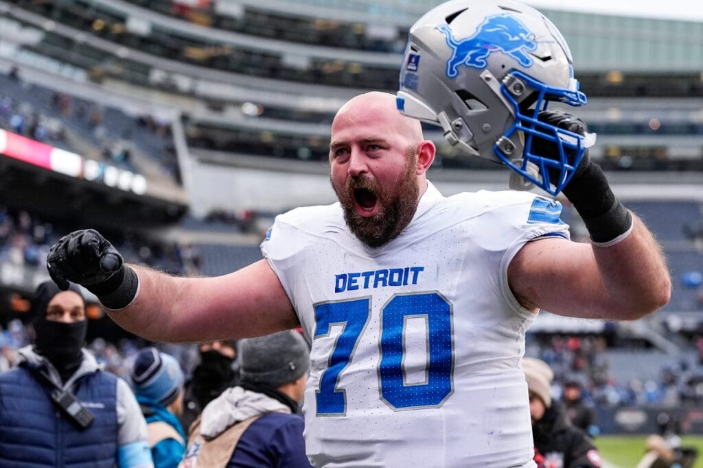 Detroit Lions offensive tackle Dan Skipper (70) celebrates 34-17 win over Chicago Bears as he exits the field at Soldier Field in Chicago, Ill. on Sunday, Dec. 22, 2024.